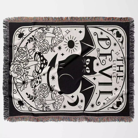 Black Cat Tarot Card The Little Devil Black and White Woven Throw Blanket and Tapestry - DesignerOllie.com