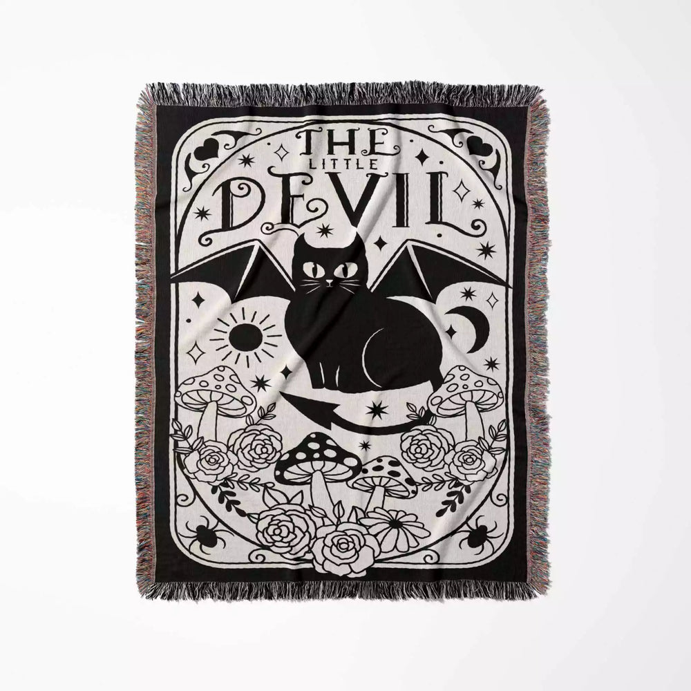 Black Cat Tarot Card The Little Devil Black and White Woven Throw Blanket and Tapestry - DesignerOllie.com