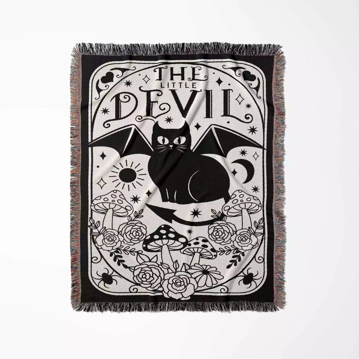 Black Cat Tarot Card The Little Devil Black and White Woven Throw Blanket and Tapestry - DesignerOllie.com