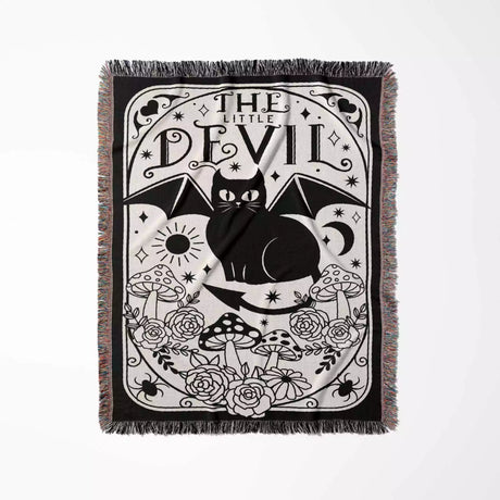 Black Cat Tarot Card The Little Devil Black and White Woven Throw Blanket and Tapestry - DesignerOllie.com