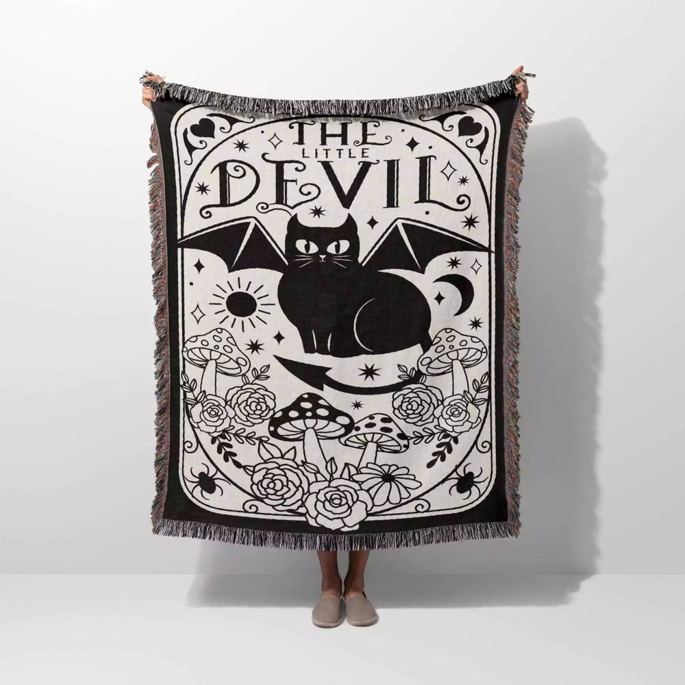 Black Cat Tarot Card The Little Devil Black and White Woven Throw Blanket and Tapestry - DesignerOllie.com