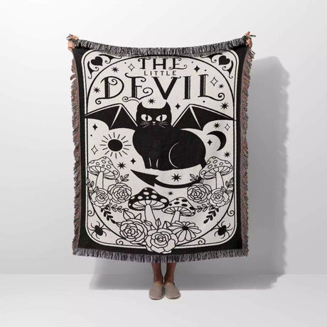 Black Cat Tarot Card The Little Devil Black and White Woven Throw Blanket and Tapestry - DesignerOllie.com