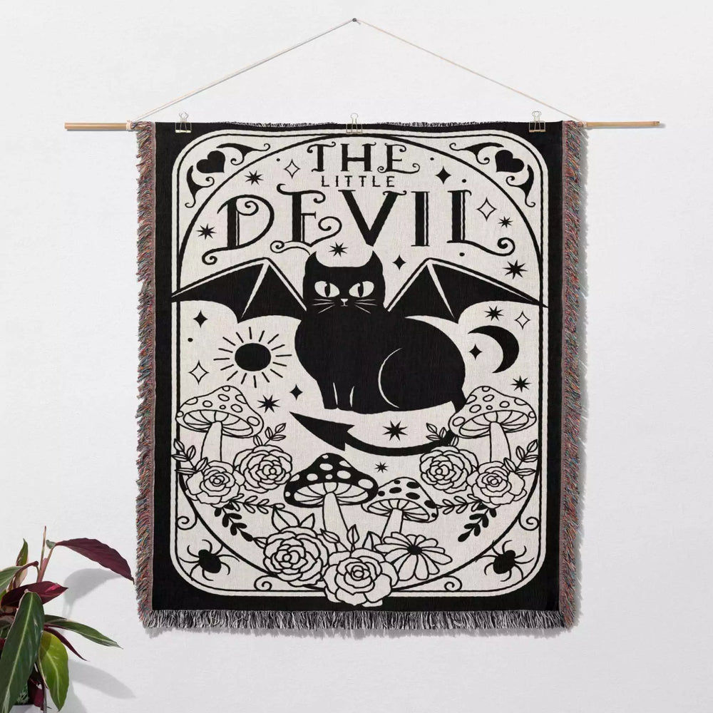 Black Cat Tarot Card The Little Devil Black and White Woven Throw Blanket and Tapestry - DesignerOllie.com
