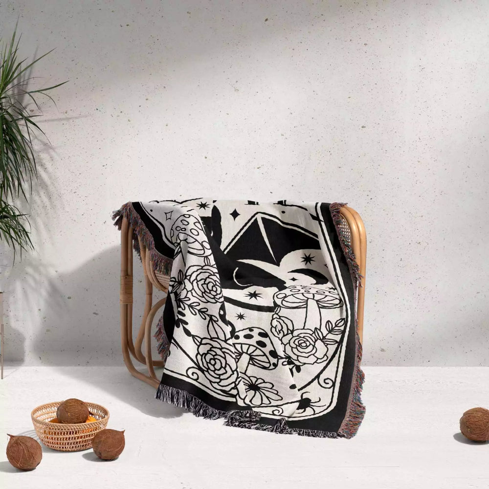 Black Cat Tarot Card The Little Devil Black and White Woven Throw Blanket and Tapestry - DesignerOllie.com