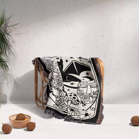 Black Cat Tarot Card The Little Devil Black and White Woven Throw Blanket and Tapestry - DesignerOllie.com