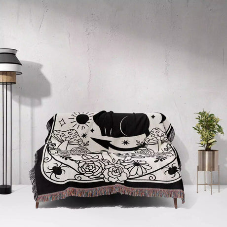 Black Cat Tarot Card The Little Devil Black and White Woven Throw Blanket and Tapestry - DesignerOllie.com