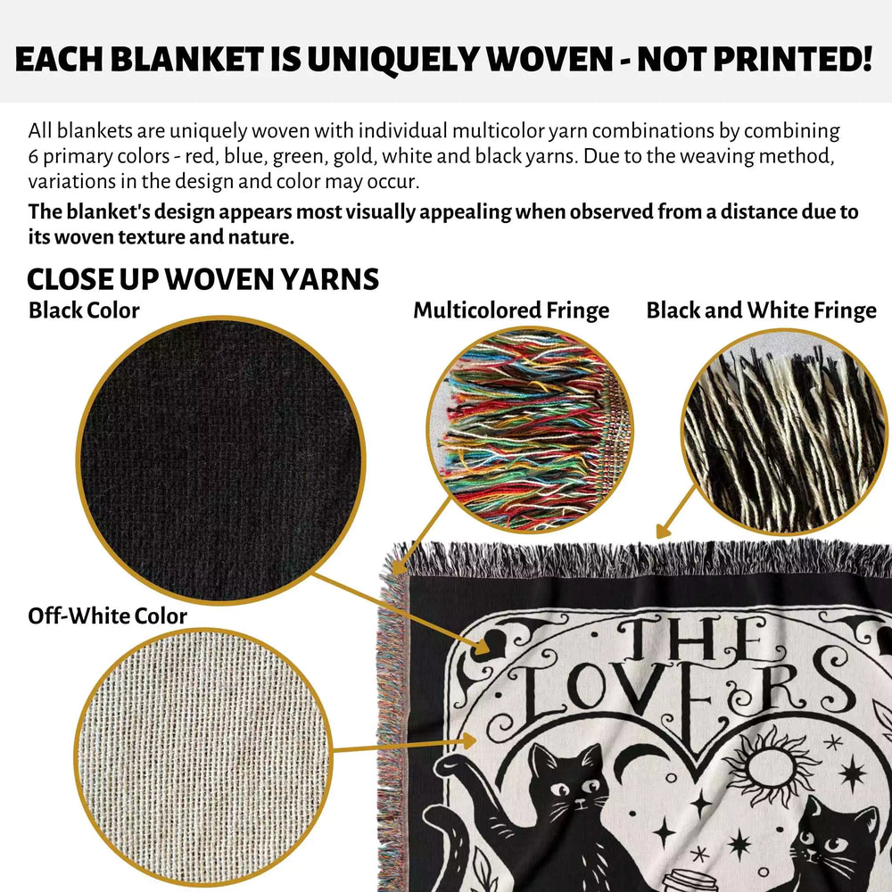 Black Cat Tarot Card The Lovers Black and White Woven Throw Blanket and Tapestry - DesignerOllie.com