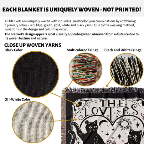 Black Cat Tarot Card The Lovers Black and White Woven Throw Blanket and Tapestry - DesignerOllie.com