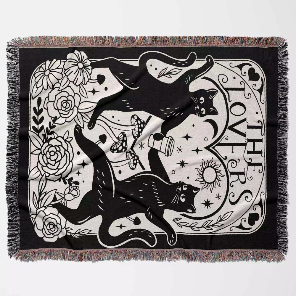Black Cat Tarot Card The Lovers Black and White Woven Throw Blanket and Tapestry - DesignerOllie.com