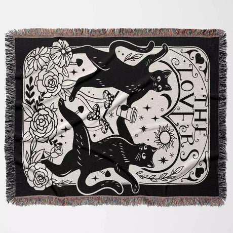 Black Cat Tarot Card The Lovers Black and White Woven Throw Blanket and Tapestry - DesignerOllie.com