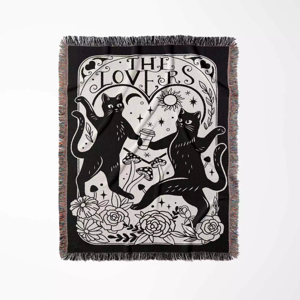 Black Cat Tarot Card The Lovers Black and White Woven Throw Blanket and Tapestry - DesignerOllie.com