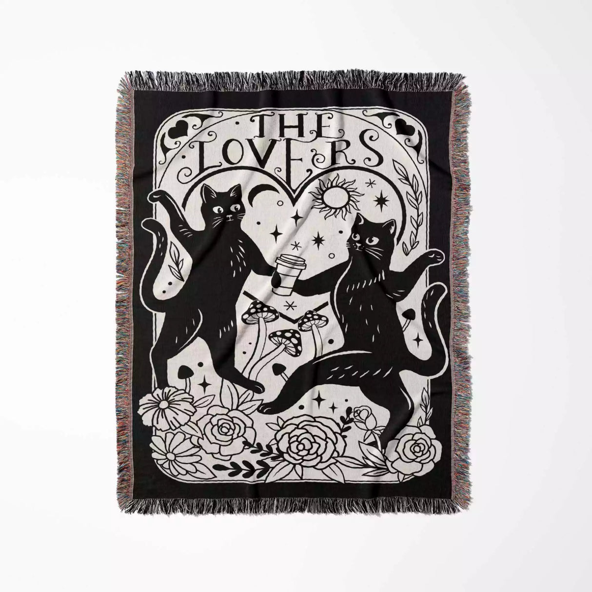 Black Cat Tarot Card The Lovers Black and White Woven Throw Blanket and Tapestry - DesignerOllie.com