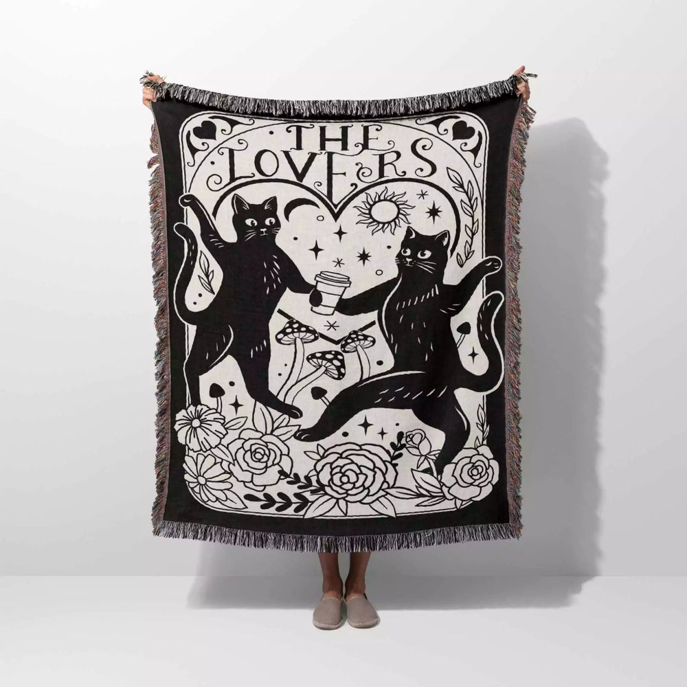 Black Cat Tarot Card The Lovers Black and White Woven Throw Blanket and Tapestry - DesignerOllie.com