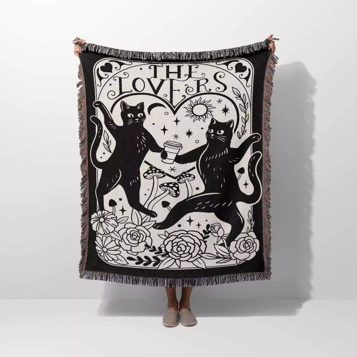 Black Cat Tarot Card The Lovers Black and White Woven Throw Blanket and Tapestry - DesignerOllie.com