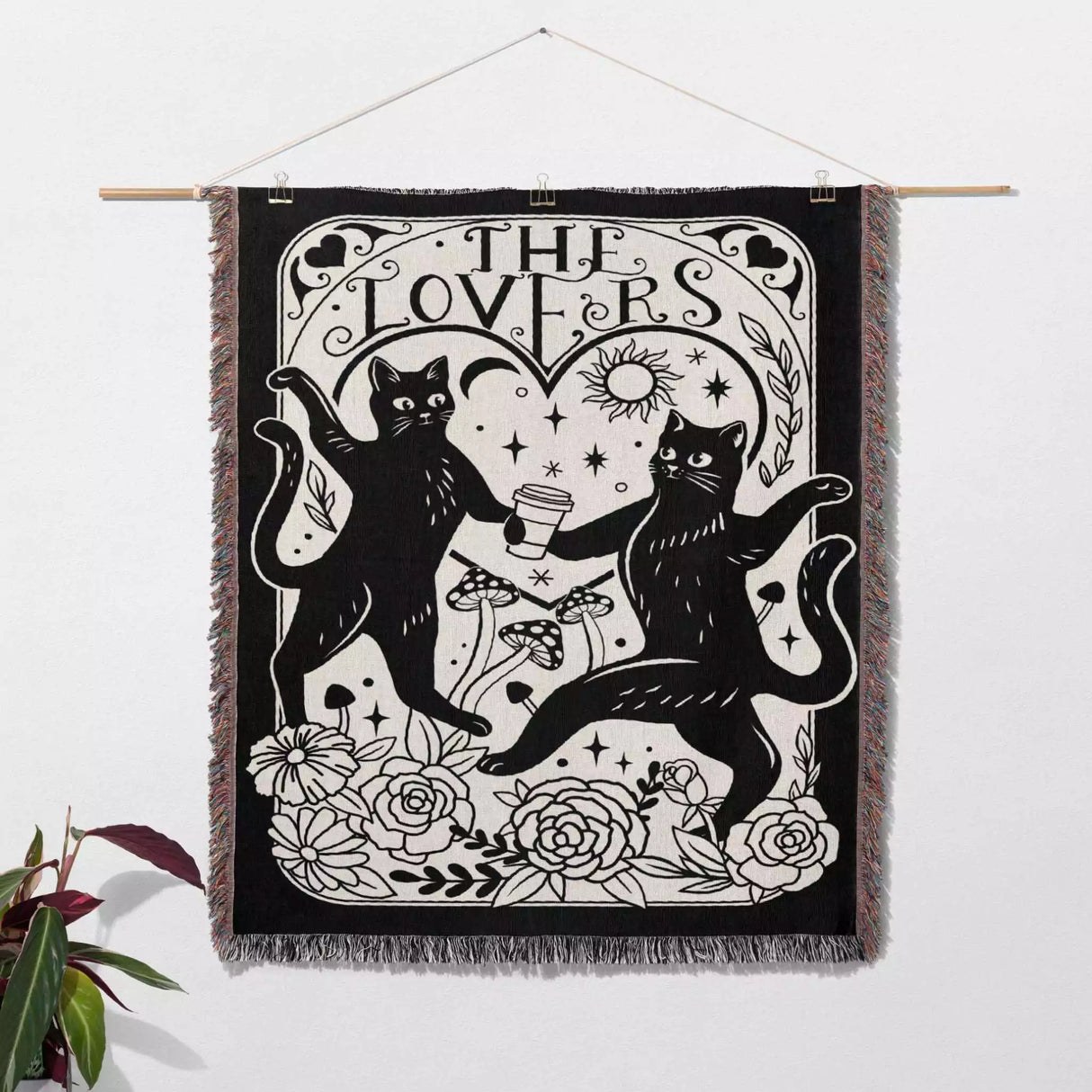 Black Cat Tarot Card The Lovers Black and White Woven Throw Blanket and Tapestry - DesignerOllie.com