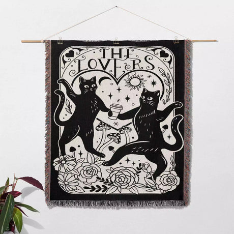 Black Cat Tarot Card The Lovers Black and White Woven Throw Blanket and Tapestry - DesignerOllie.com