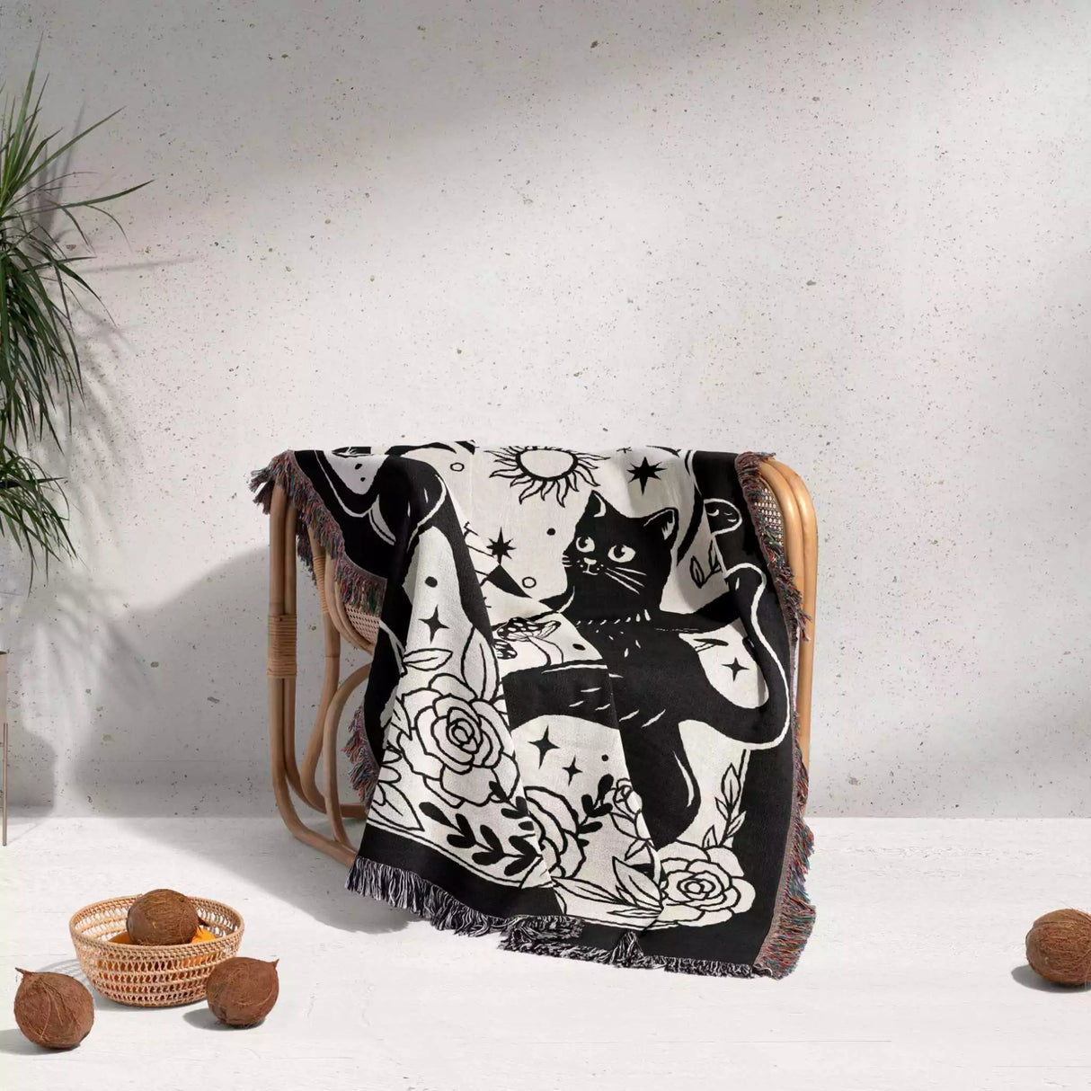 Black Cat Tarot Card The Lovers Black and White Woven Throw Blanket and Tapestry - DesignerOllie.com