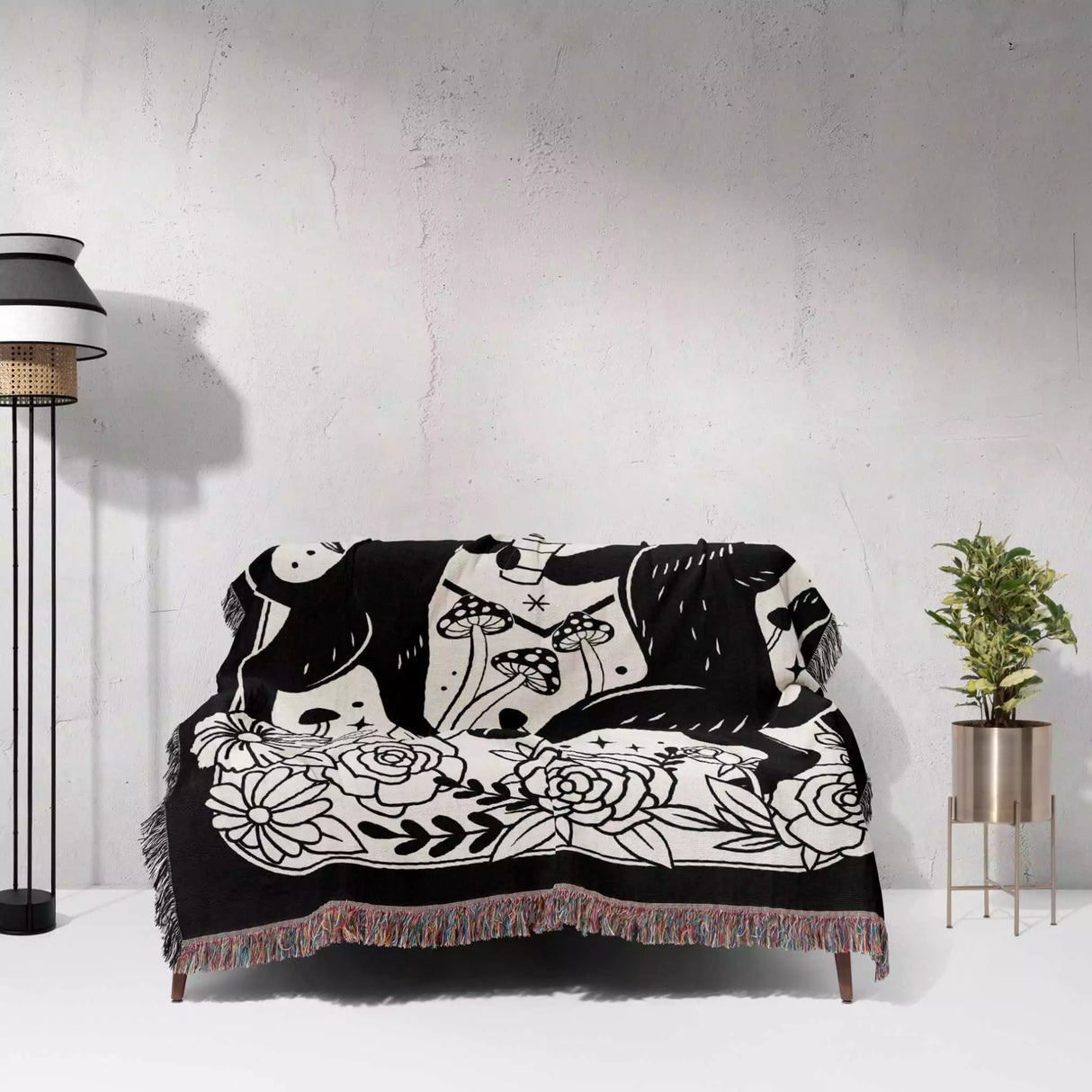 Black Cat Tarot Card The Lovers Black and White Woven Throw Blanket and Tapestry - DesignerOllie.com