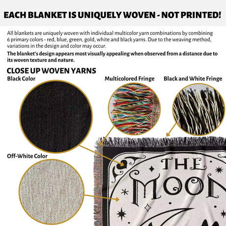 Black Cat Tarot Card The Moon Black and White Woven Throw Blanket and Tapestry - DesignerOllie.com