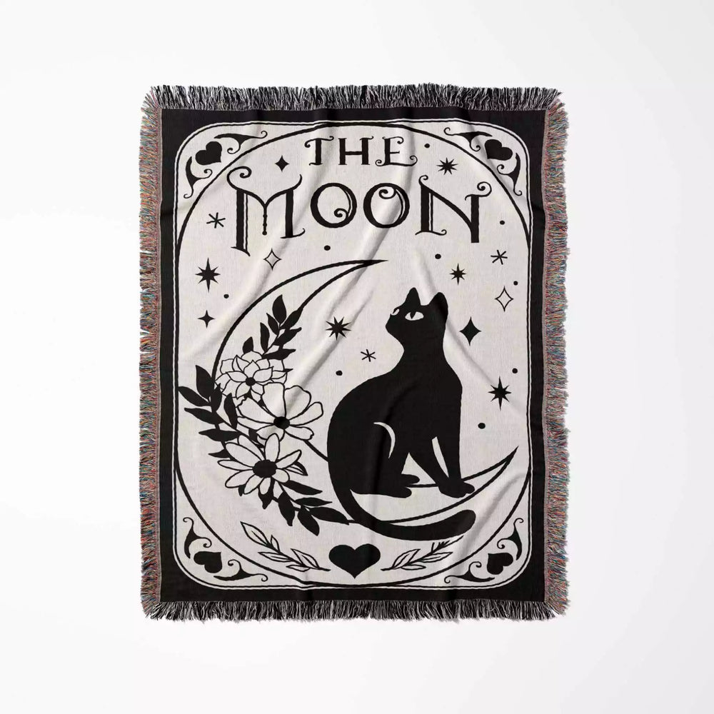 Black Cat Tarot Card The Moon Black and White Woven Throw Blanket and Tapestry - DesignerOllie.com