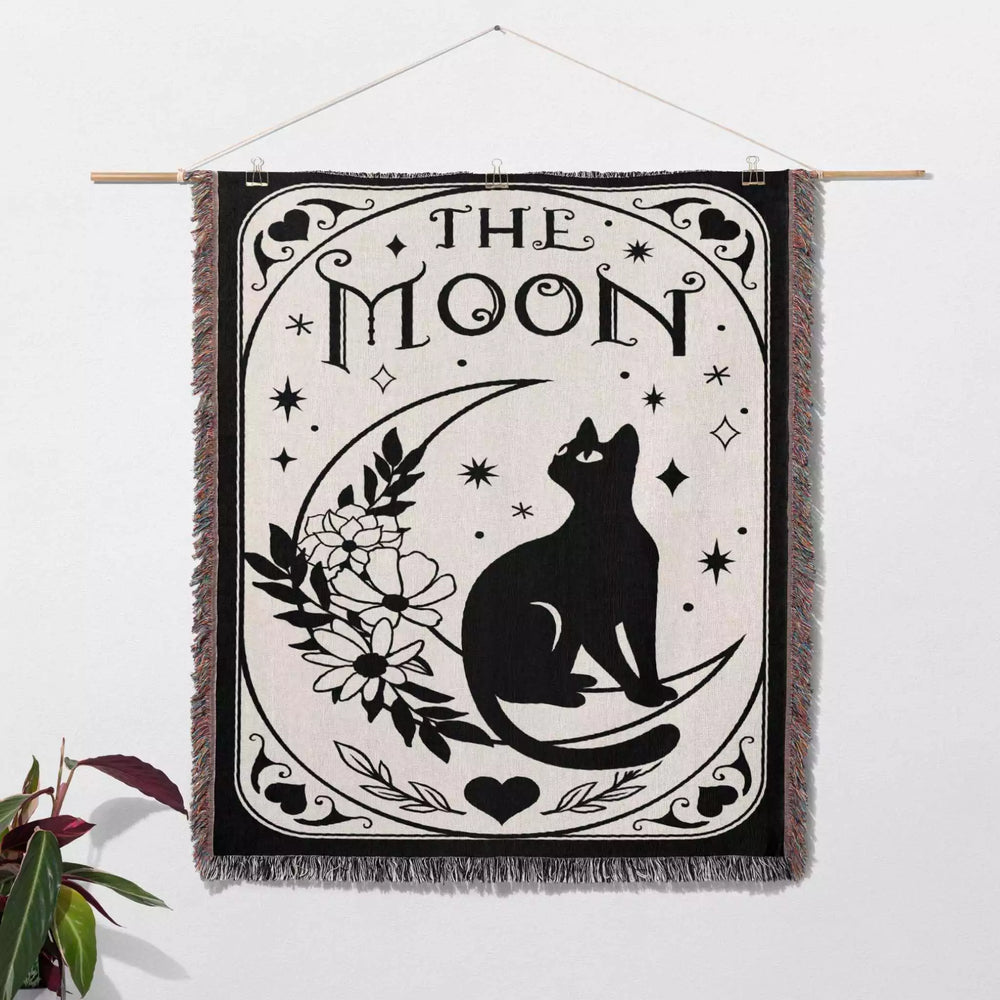 Black Cat Tarot Card The Moon Black and White Woven Throw Blanket and Tapestry - DesignerOllie.com