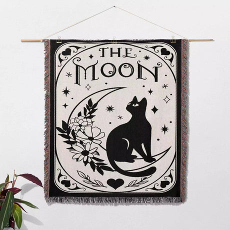 Black Cat Tarot Card The Moon Black and White Woven Throw Blanket and Tapestry - DesignerOllie.com