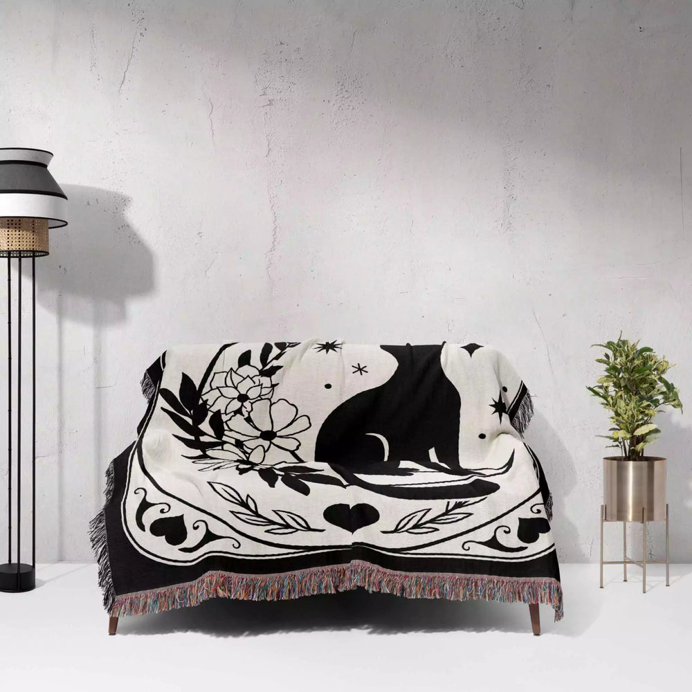 Black Cat Tarot Card The Moon Black and White Woven Throw Blanket and Tapestry - DesignerOllie.com