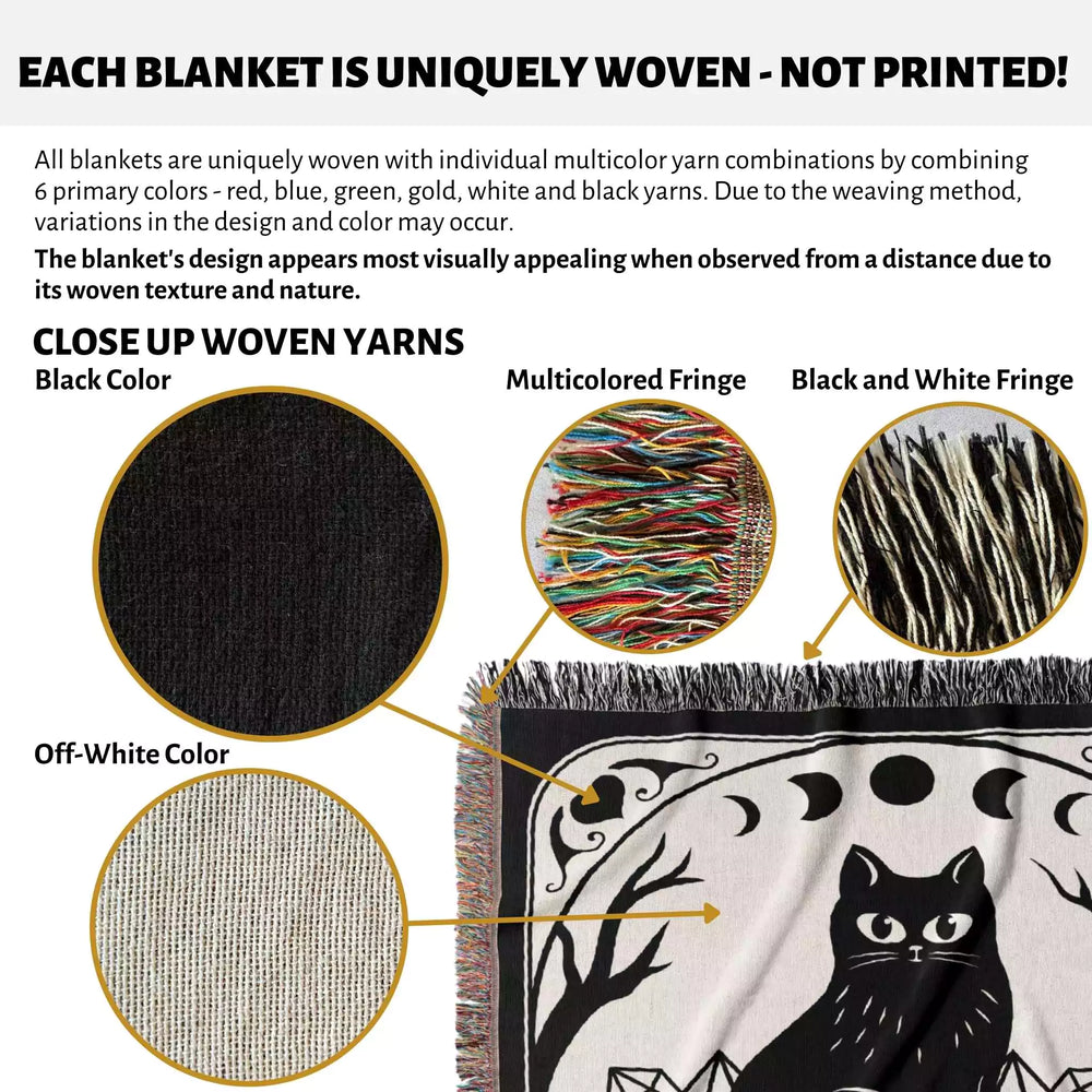 Black Cat Tarot Card The Moon Monochrome Woven Throw Blanket and Tapestry - DesignerOllie.com