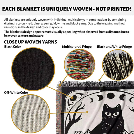 Black Cat Tarot Card The Moon Monochrome Woven Throw Blanket and Tapestry - DesignerOllie.com