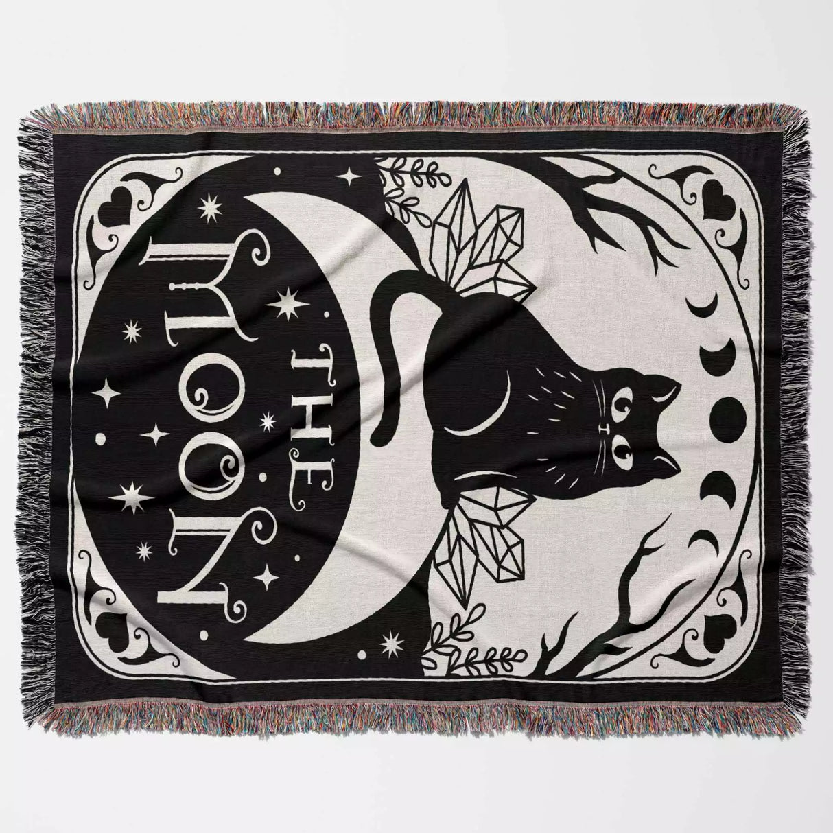 Black Cat Tarot Card The Moon Monochrome Woven Throw Blanket and Tapestry - DesignerOllie.com