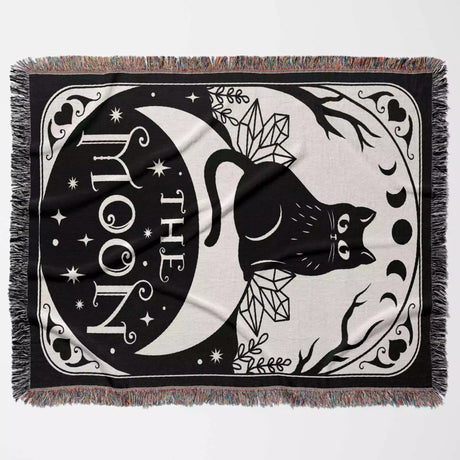 Black Cat Tarot Card The Moon Monochrome Woven Throw Blanket and Tapestry - DesignerOllie.com
