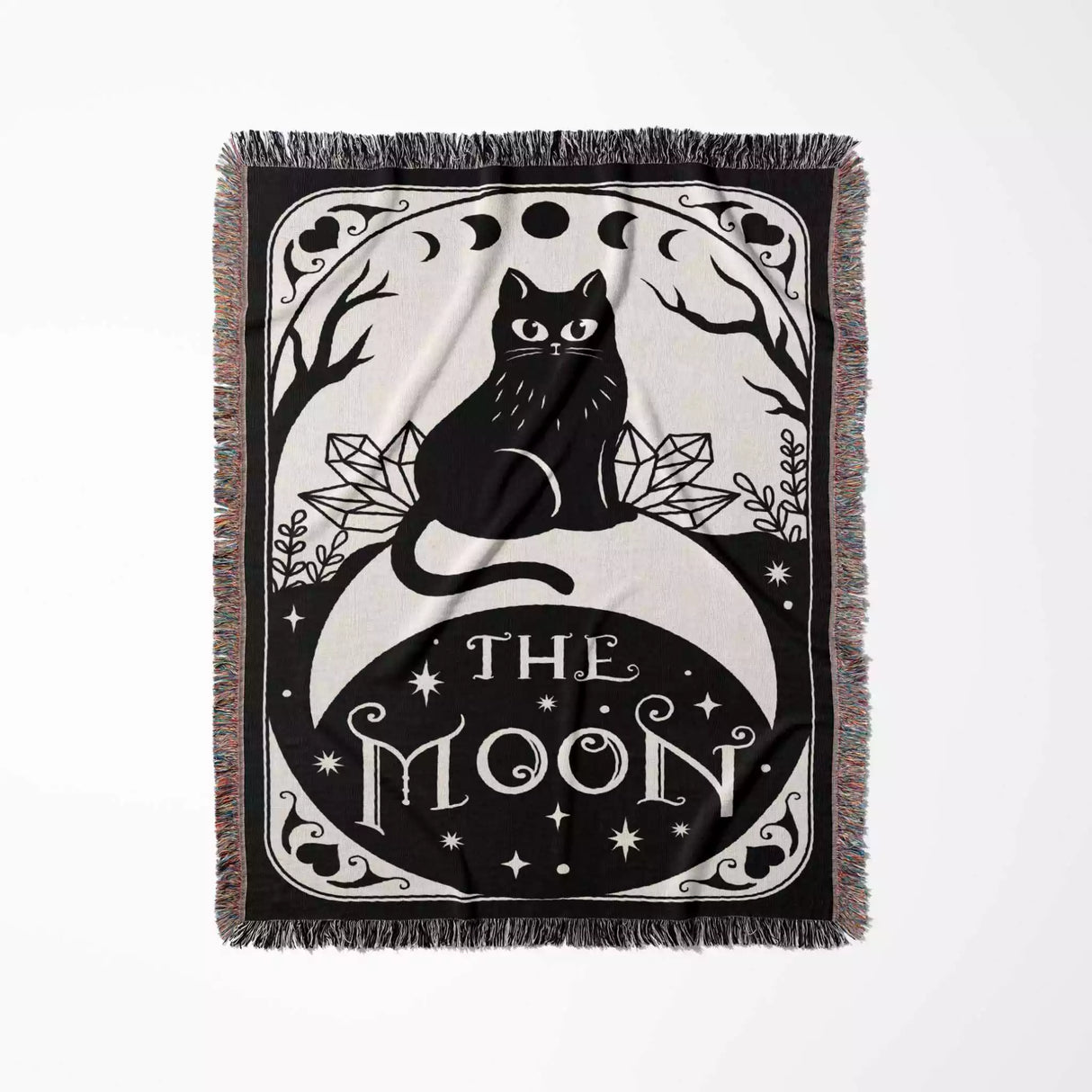 Black Cat Tarot Card The Moon Monochrome Woven Throw Blanket and Tapestry - DesignerOllie.com