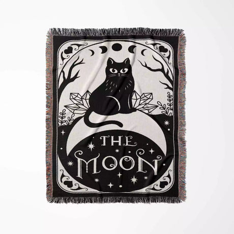 Black Cat Tarot Card The Moon Monochrome Woven Throw Blanket and Tapestry - DesignerOllie.com