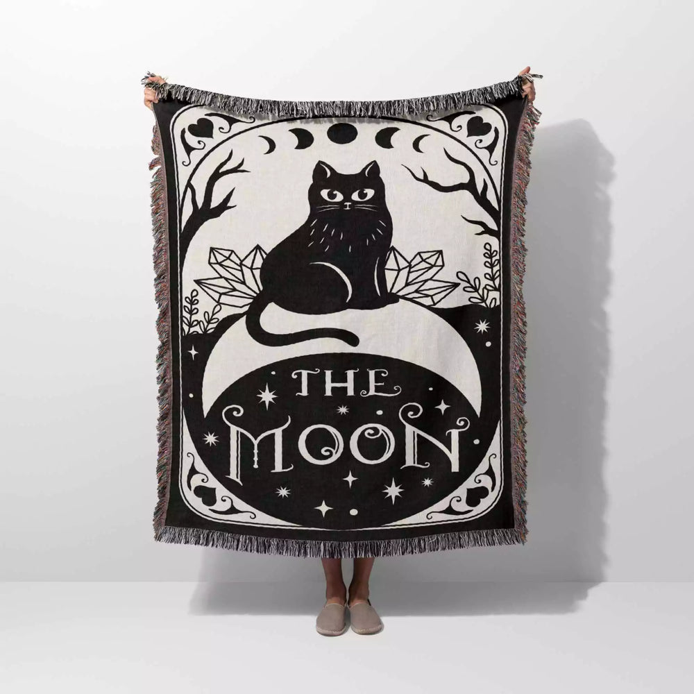 Black Cat Tarot Card The Moon Monochrome Woven Throw Blanket and Tapestry - DesignerOllie.com