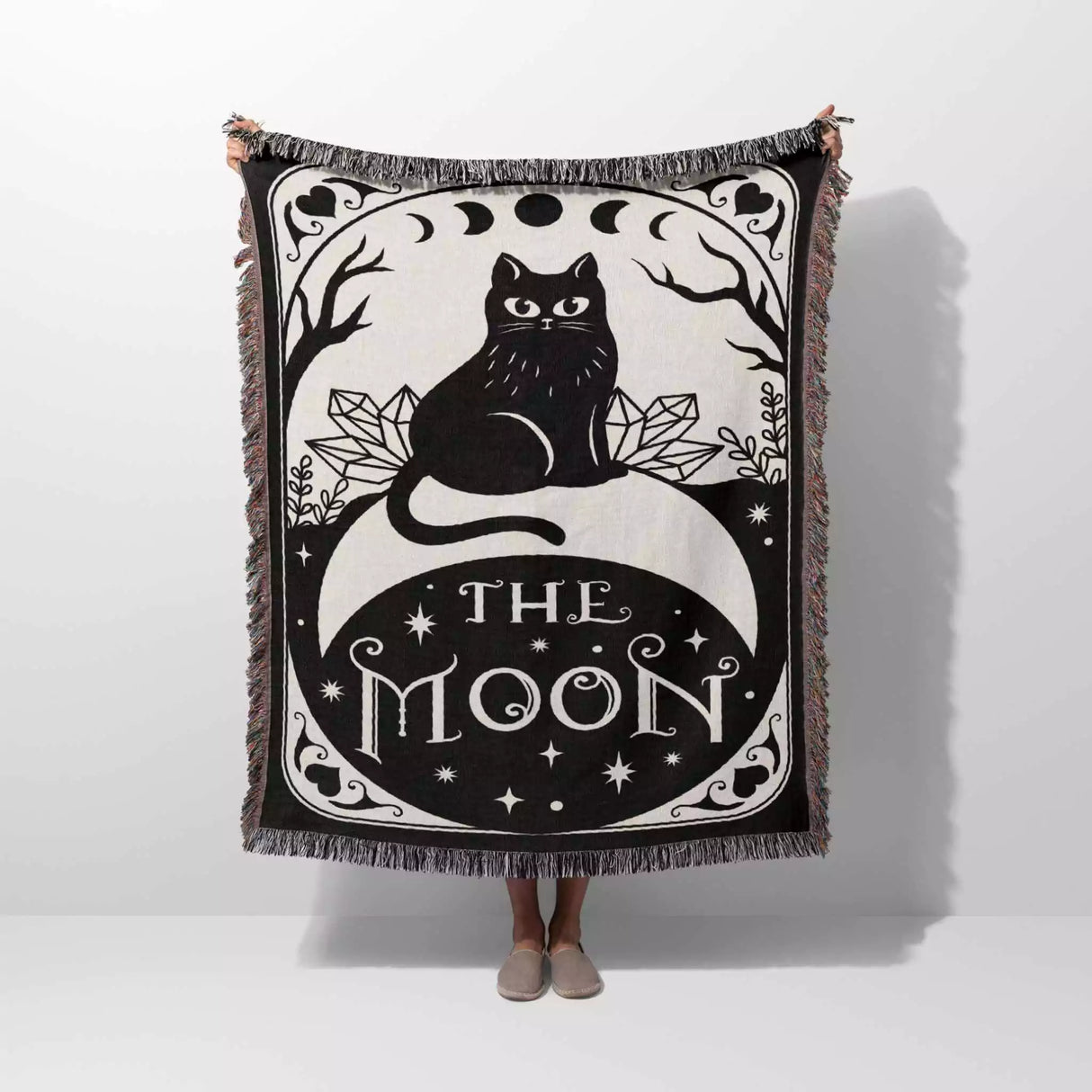 Black Cat Tarot Card The Moon Monochrome Woven Throw Blanket and Tapestry - DesignerOllie.com