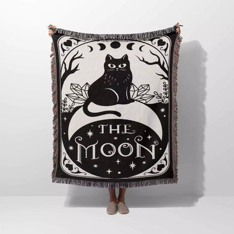 Black Cat Tarot Card The Moon Monochrome Woven Throw Blanket and Tapestry - DesignerOllie.com