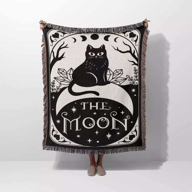 Black Cat Tarot Card The Moon Monochrome Woven Throw Blanket and Tapestry - DesignerOllie.com