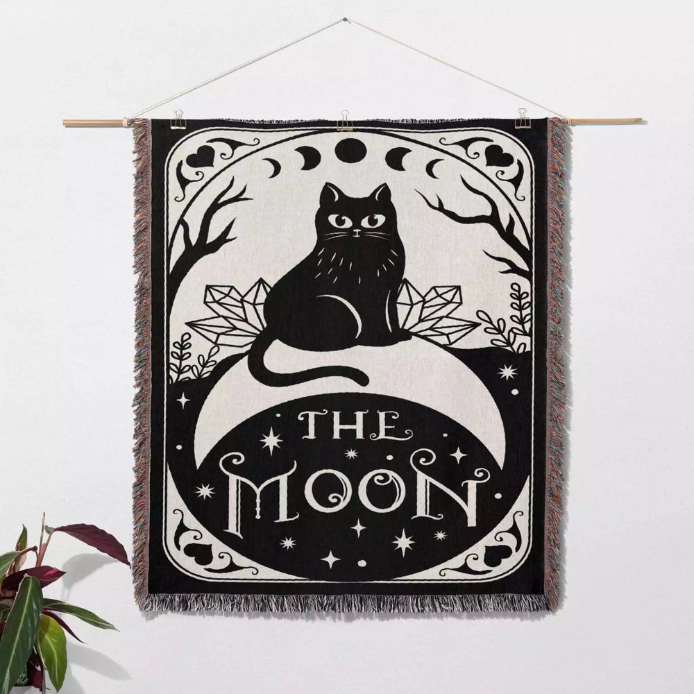 Black Cat Tarot Card The Moon Monochrome Woven Throw Blanket and Tapestry - DesignerOllie.com