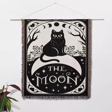 Black Cat Tarot Card The Moon Monochrome Woven Throw Blanket and Tapestry - DesignerOllie.com