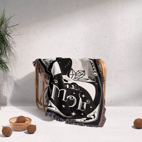 Black Cat Tarot Card The Moon Monochrome Woven Throw Blanket and Tapestry - DesignerOllie.com