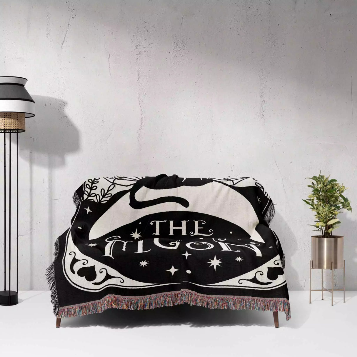 Black Cat Tarot Card The Moon Monochrome Woven Throw Blanket and Tapestry - DesignerOllie.com
