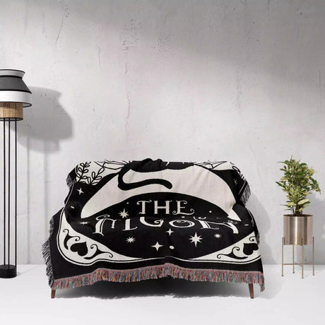 Black Cat Tarot Card The Moon Monochrome Woven Throw Blanket and Tapestry - DesignerOllie.com