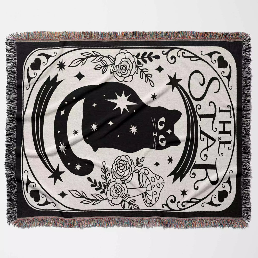 Black Cat Tarot Card The Star Black and White Woven Throw Blanket and Tapestry - DesignerOllie.com