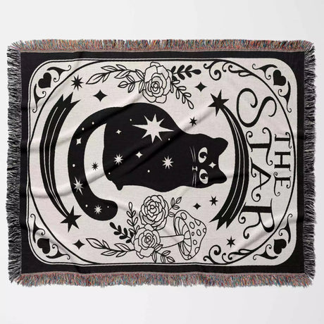 Black Cat Tarot Card The Star Black and White Woven Throw Blanket and Tapestry - DesignerOllie.com