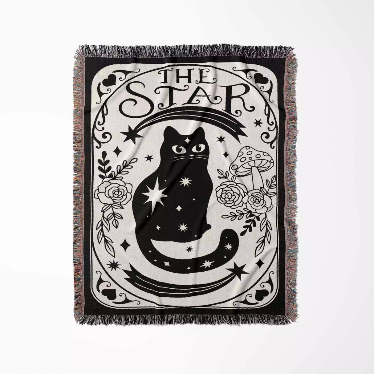 Black Cat Tarot Card The Star Black and White Woven Throw Blanket and Tapestry - DesignerOllie.com