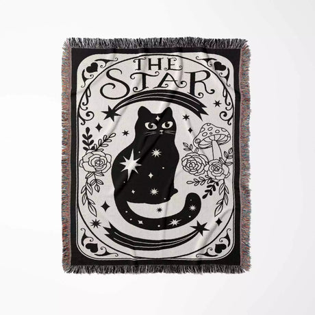 Black Cat Tarot Card The Star Black and White Woven Throw Blanket and Tapestry - DesignerOllie.com