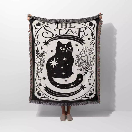 Black Cat Tarot Card The Star Black and White Woven Throw Blanket and Tapestry - DesignerOllie.com