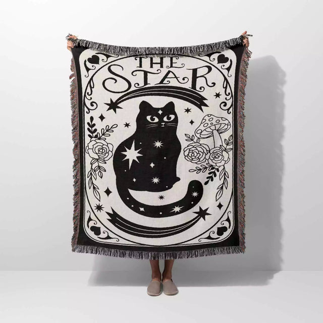 Black Cat Tarot Card The Star Black and White Woven Throw Blanket and Tapestry - DesignerOllie.com