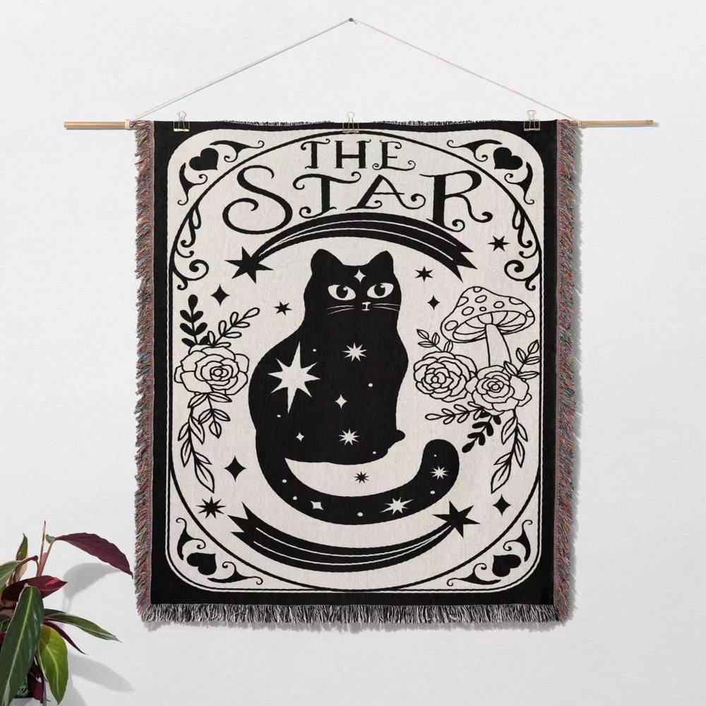 Black Cat Tarot Card The Star Black and White Woven Throw Blanket and Tapestry - DesignerOllie.com