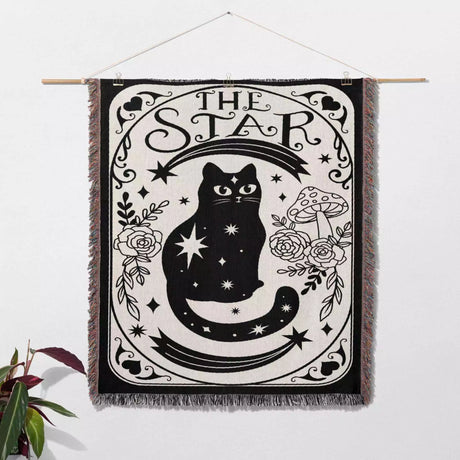 Black Cat Tarot Card The Star Black and White Woven Throw Blanket and Tapestry - DesignerOllie.com